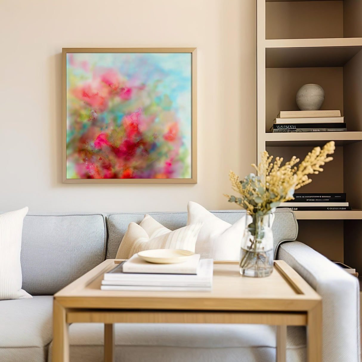Soft and colourful abstract floral watercolour print in pink, peach, and green.