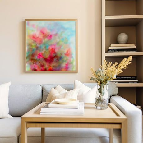 Soft and colourful abstract floral watercolour print in pink, peach, and green.