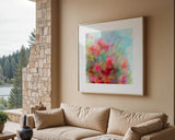 Abstract watercolour artwork in shades of pink, peach, and green, based on tree blooms.