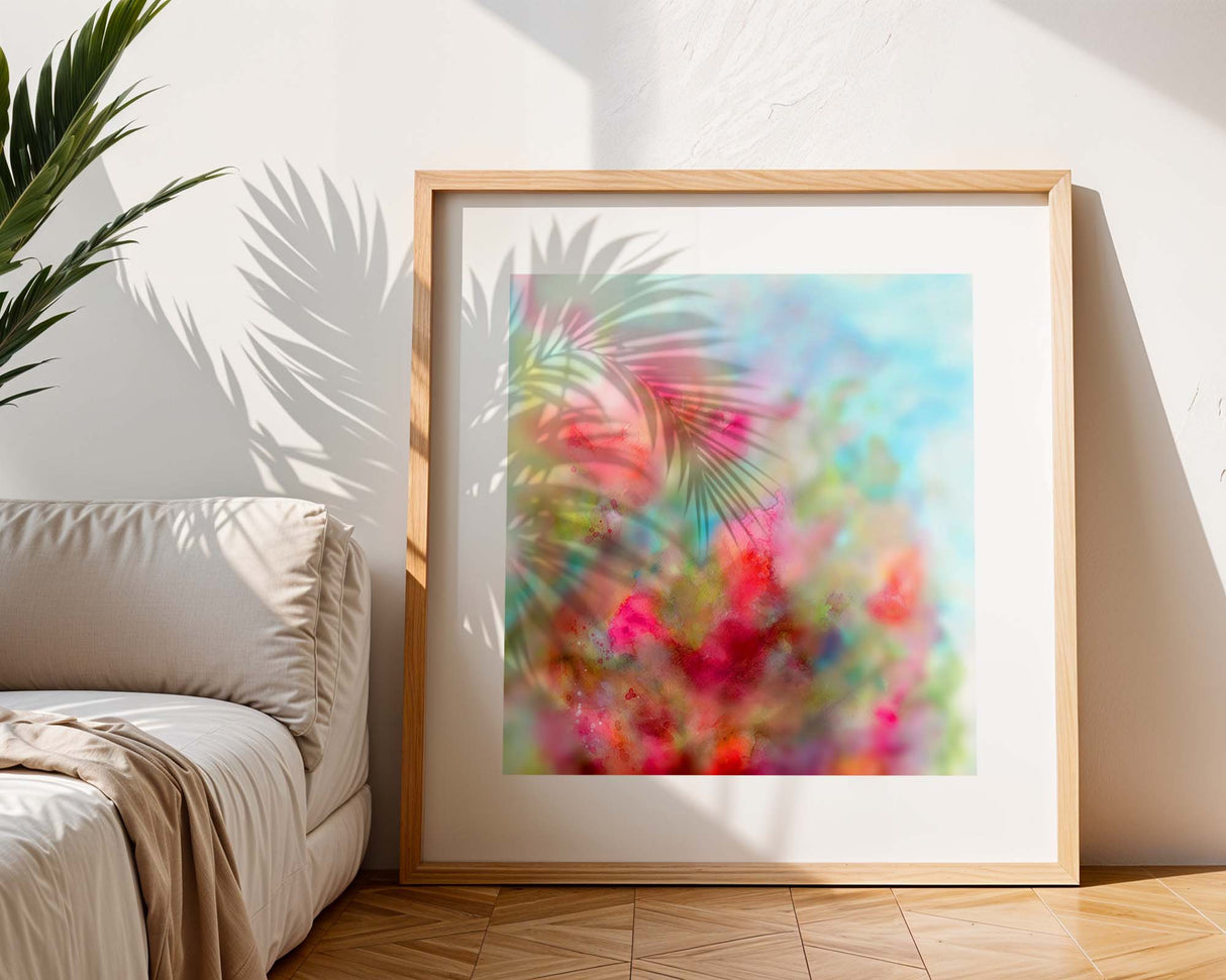 Abstract watercolour print featuring pink, peach, and green tones, inspired by flowers blooming.