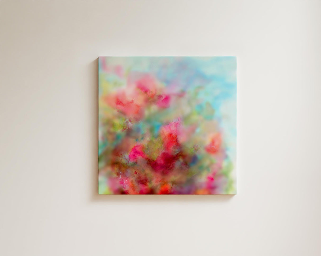 Watercolour abstract print with dynamic colours of pink, peach, and green, symbolising nature.