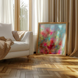 Abstract floral watercolour print with shades of pink, green, and orange.