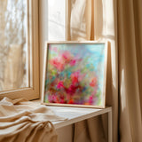 Modern abstract art featuring colourful blooms in pink, peach, and blue.