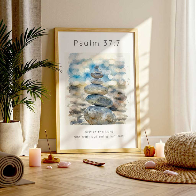 Psalm 37:7 - Christian wall art with stacked pebbles watercolour design and Rest In The Lord scripture verse text.