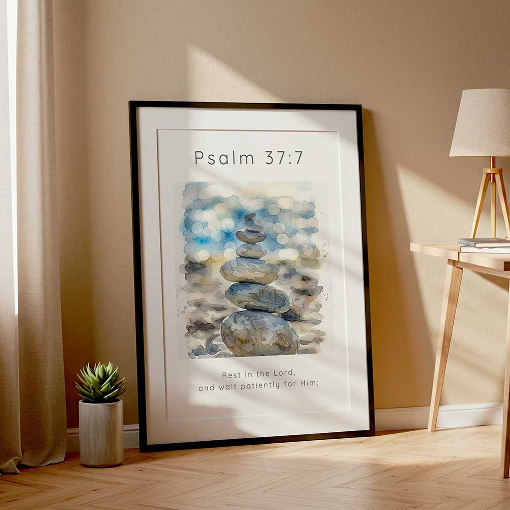 Psalm 37:7 - Bible verse about patience print with peaceful stacked pebbles design and calming watercolour background.