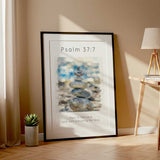 Psalm 37:7 - Bible verse about patience print with peaceful stacked pebbles design and calming watercolour background.