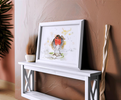 Woodland-style watercolour illustration of a robin in a twiggy setting, printed on archival paper.