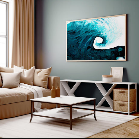 Modern abstract ocean art with swirling waves.