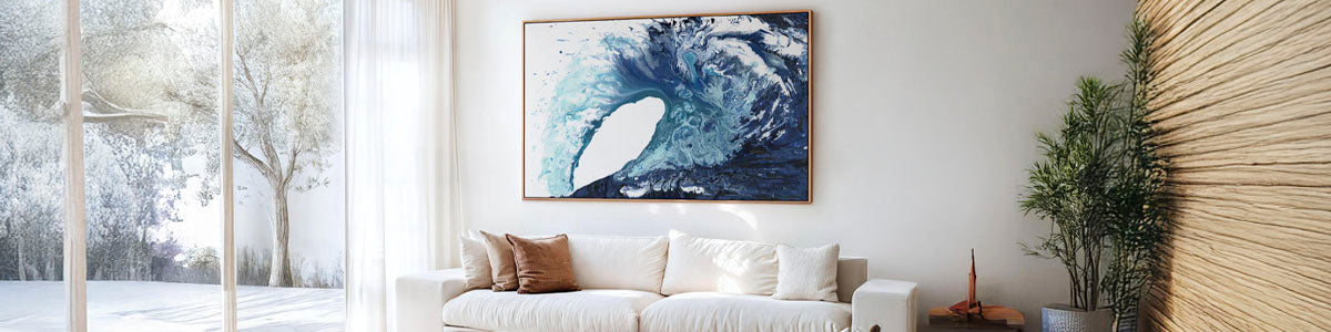 An abstract wave painting by the artist Kate Shephard, created using acrylics, oils, and watercolors. The artwork features flowing, dynamic waves in a blend of soft and bold colors, capturing the movement and energy of the sea. This unique piece is part of the Kate's collection, which includes both original paintings and digital prints, offering a modern, coastal-inspired design.