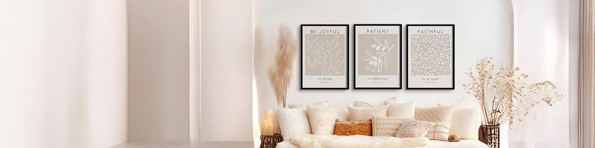 A 3-print set of modern scripture art, featuring beautiful Bible verse prints. Each print showcases a different verse, with vibrant colors and contemporary design elements that complement the uplifting messages. The set includes inspiring and meaningful scripture, perfect for adding a faith-filled touch to any space.