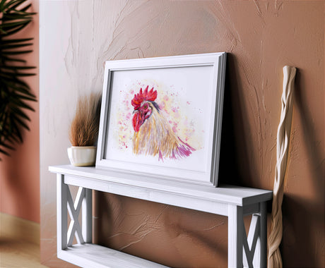 Watercolour rooster print with a striking red comb and rich russet feathers.