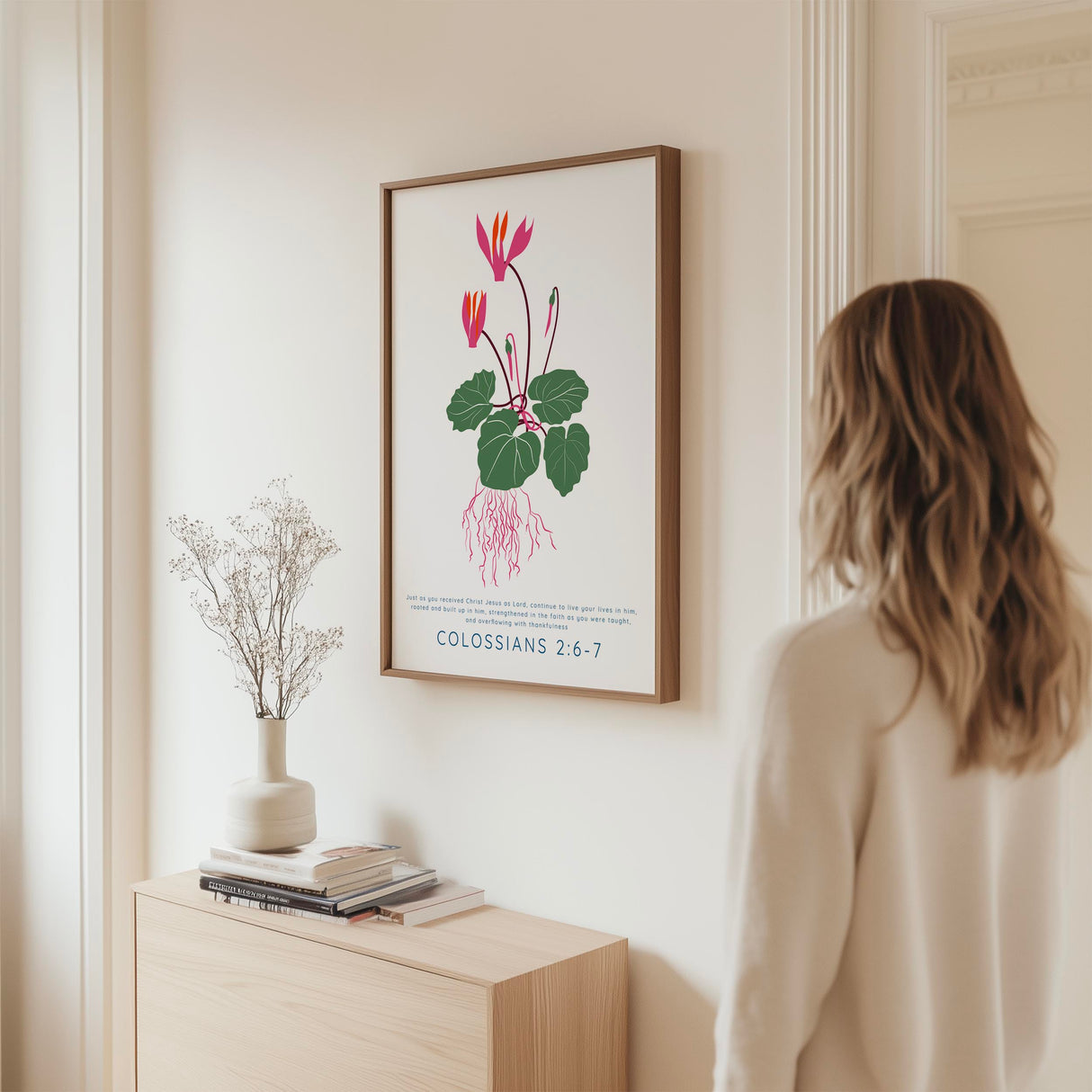 Beautiful watercolour floral Bible verse wall art encouraging strength and thankfulness from Colossians 2 6-7.