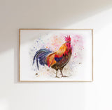 Vibrant rooster wall art with bold hues for art enthusiasts, Unique watercolour rooster artwork to enhance office aesthetics