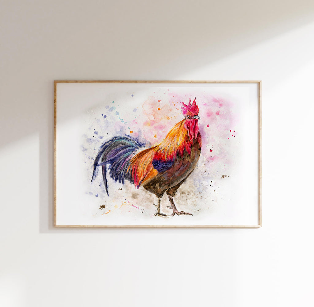 Vibrant rooster wall art with bold hues for art enthusiasts, Unique watercolour rooster artwork to enhance office aesthetics