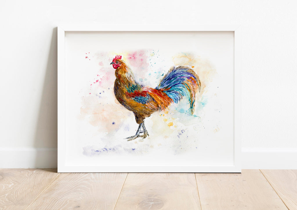 Colourful Chicken Watercolor Art for Farmhouse Decor, Whimsical Chicken Prints with Vivid Feathers, Watercolour Chicken Print