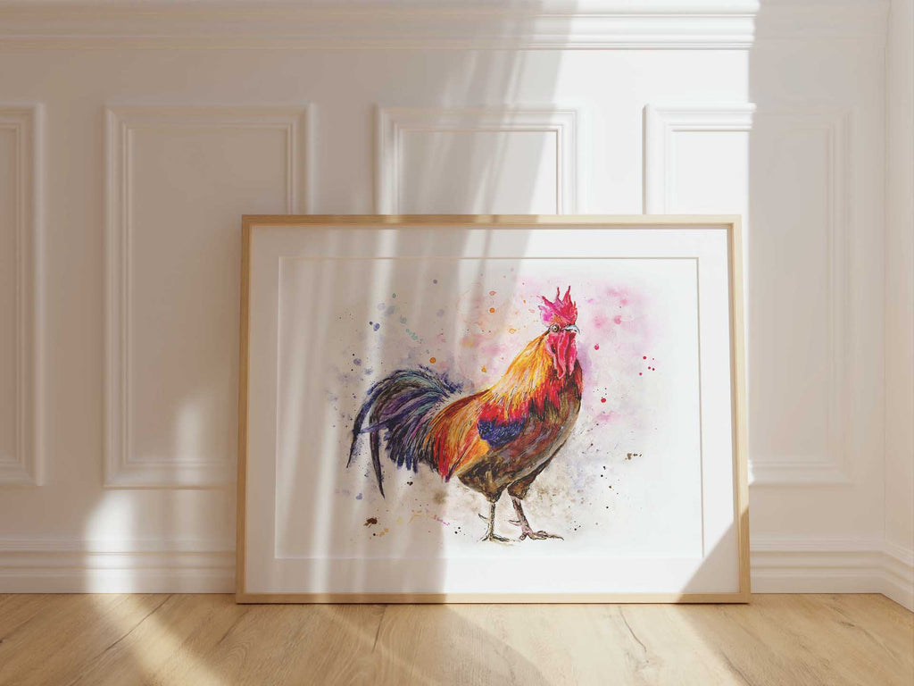 Modern farmhouse rooster painting in lively watercolor palette, Eye-catching rooster wall decor for bohemian-inspired spaces