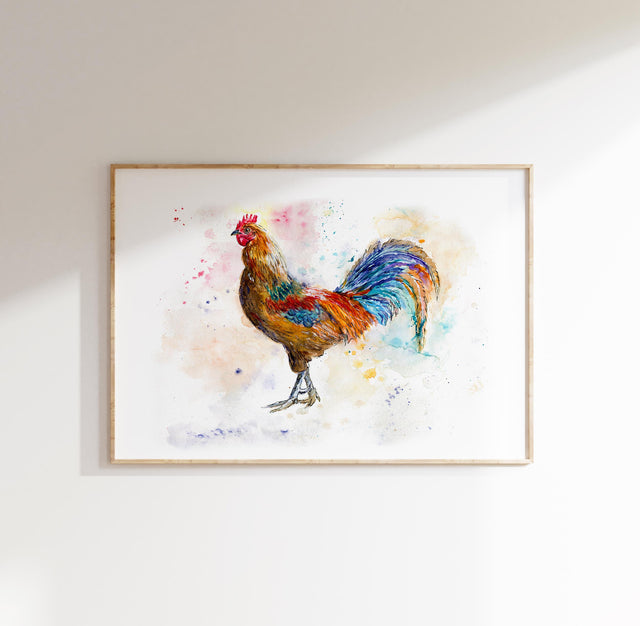 Watercolour Chicken Artwork for Vintage Farm House Vibes, Lively Chicken Painting to Enhance Farm-Inspired Interiors