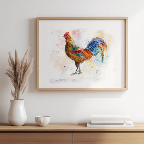 Vibrant watercolour chicken print, lively farm animal art for modern country kitchen walls. Fun and bold rooster wall art, ideal for kitchen, dining room, or rustic home decor