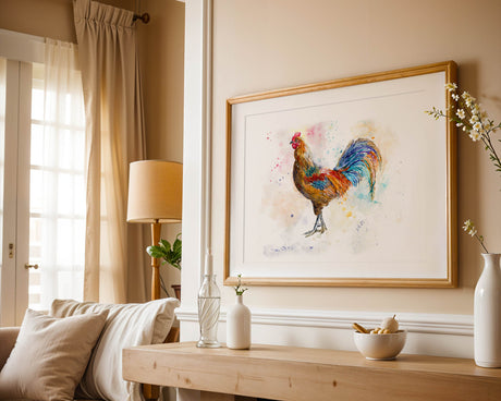 Cheerful farmyard rooster art print with vibrant colours, painted in loose watercolour style . Bright and playful rooster wall art print, perfect for bringing farmhouse charm to your kitchen