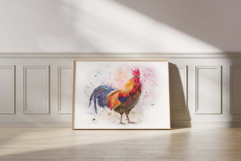 Contemporary watercolour rooster print for modern living room decor, Colorful rooster art in watercolor for eclectic home interiors
