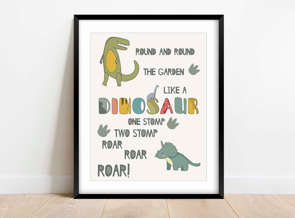 Engaging dinosaur theme nursery print for green-themed baby's room, Playful dinosaur theme nursery print for green-themed baby's room