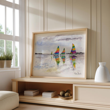 Nautical decor print of a seascape with vibrant sails