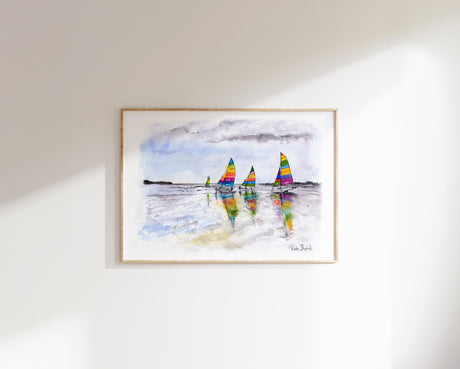Sailing boats on calm waters in a rainbow colour theme. Watercolour print inspired by Poole Harbour