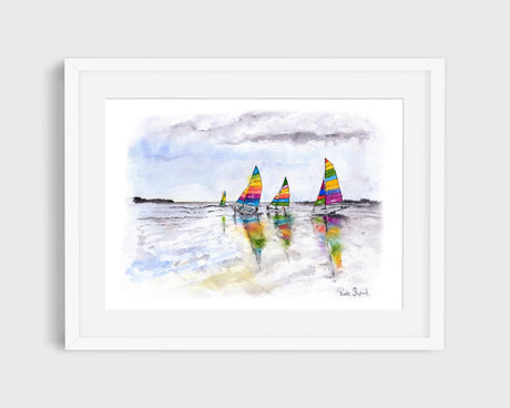 Nautical art print with bright sailing boats. Sailing scene wall art for coastal interiors 