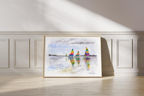 Art print of boats with rainbow sails on the sea