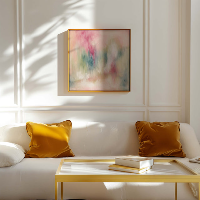 A unique digital abstract artwork, Sanctuary blends peach, cream, and green tones for a calming aesthetic.