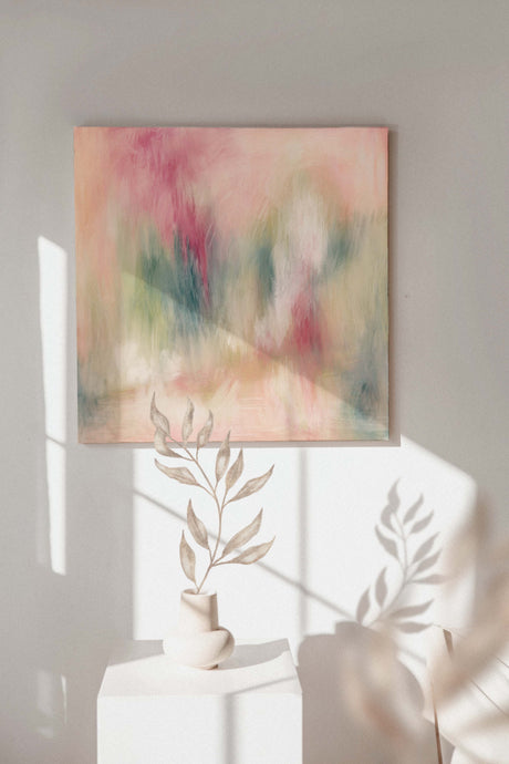 A calming, square digital painting with warm and neutral hues, perfect for creating a peaceful atmosphere in any space
