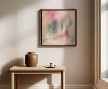 Sanctuary is a digital abstract painting with peach, cream, and green tones, offering a sense of rest and stillness