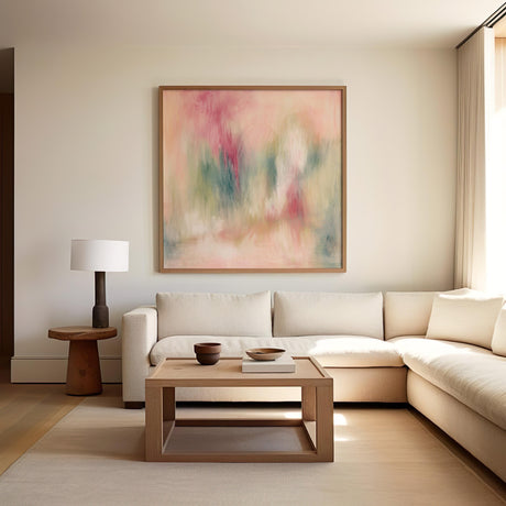 Soothing peach and cream tones with hints of green and red create a peaceful composition in this square digital painting.