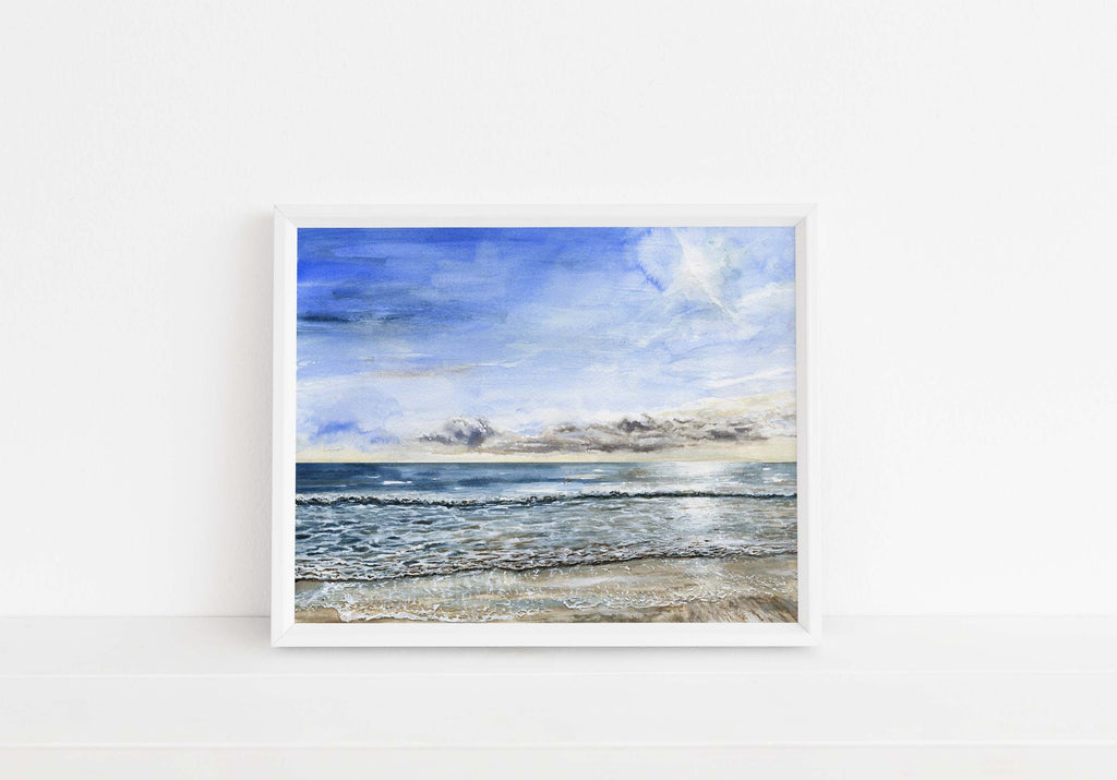 Watercolour beach scene artwork for bedroom tranquilitym Soothing beach watercolour print for living room display