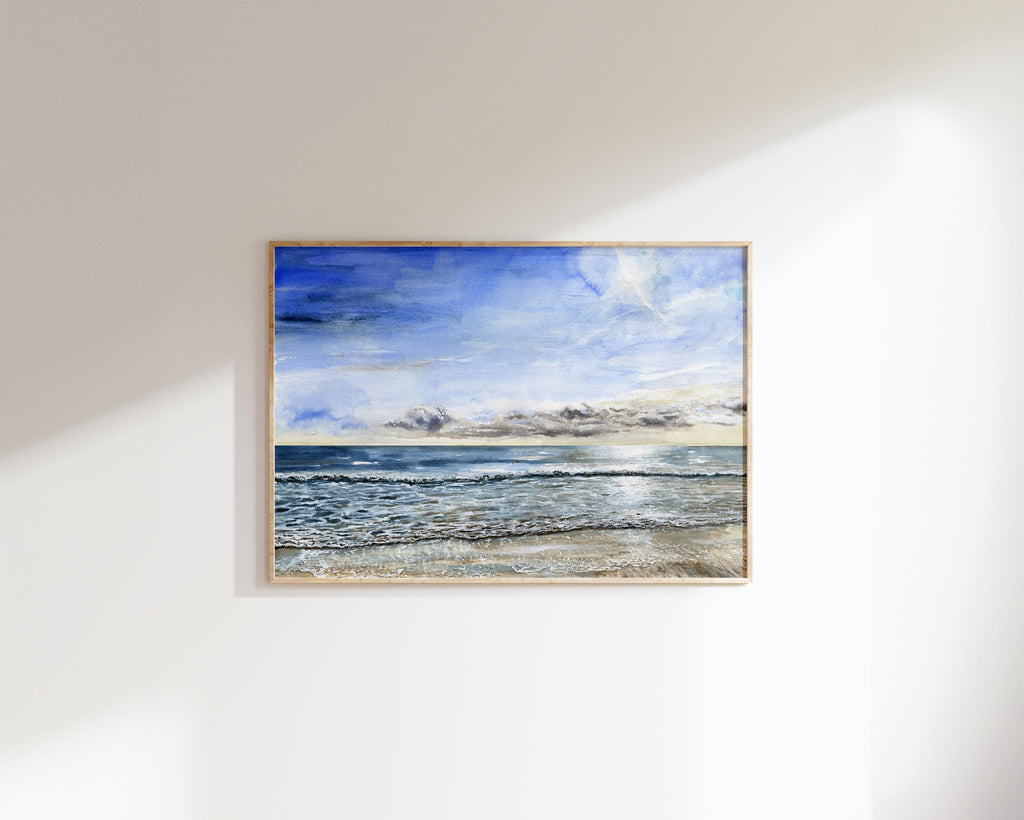 Watercolour seascape painting as a heartfelt present, Sunny beach day watercolour art for home ambiance