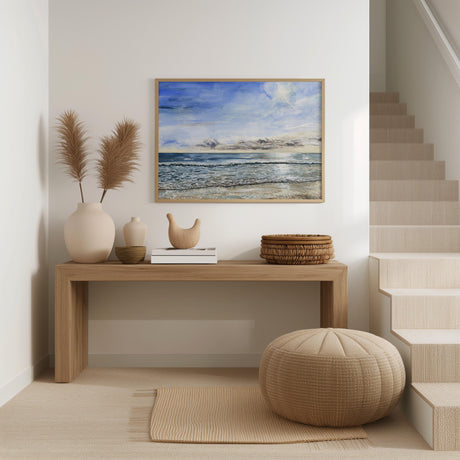 A watercolor print titled Autumn Glow, depicting Sandbanks Beach with the sun shimmering on the water. Warm autumn hues and soft reflections capture the beauty of the season.