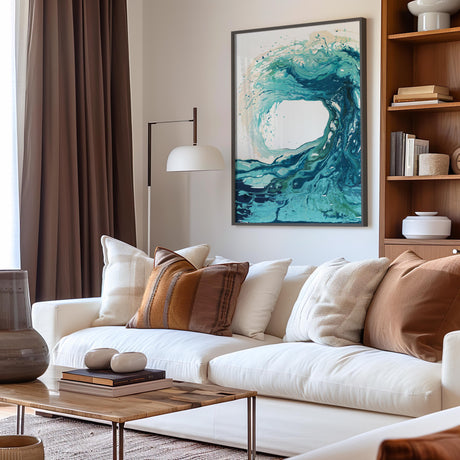 Blue and turquoise abstract wave print for beach and coastal home decor.