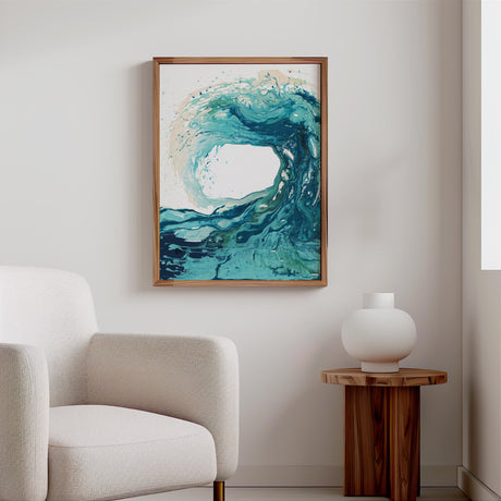 Coastal abstract art print of an ocean wave in blue and turquoise tones.