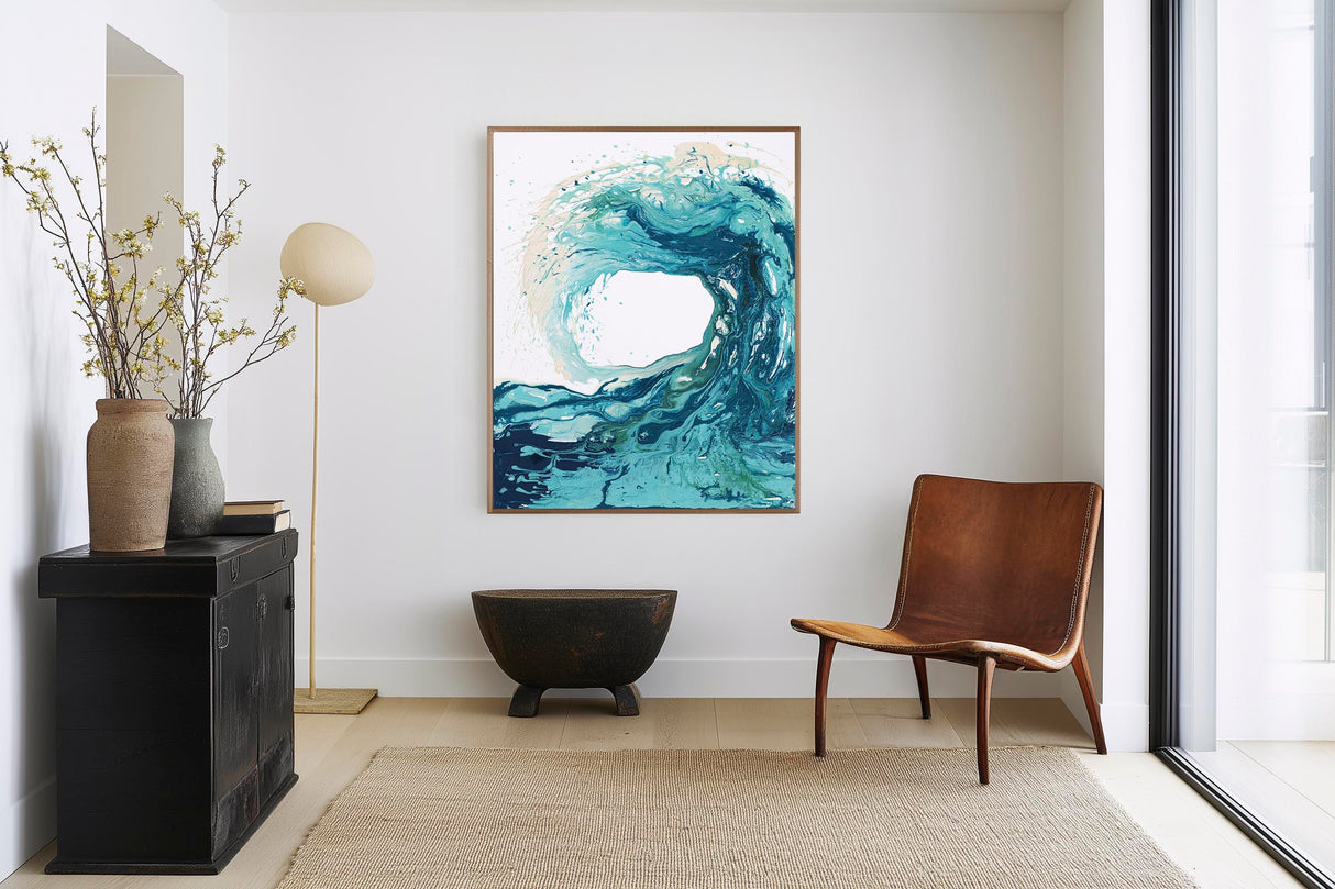 'Sandbanks Wave' - Ocean artwork canvas print in swirling turquoise and deep navy fluid acrylic — wave art and coastal decor bedroom ideas for beach house and contemporary homes, by Crafty Cow Design.