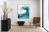 'Sandbanks Wave' - Ocean artwork canvas print in swirling turquoise and deep navy fluid acrylic — wave art and coastal decor bedroom ideas for beach house and contemporary homes, by Crafty Cow Design.