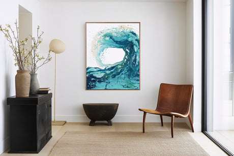 'Sandbanks Wave' - Ocean artwork canvas print in swirling turquoise and deep navy fluid acrylic — wave art and coastal decor bedroom ideas for beach house and contemporary homes, by Crafty Cow Design.