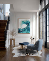 'Sandbanks Wave' - Coastal canvas wall art in luminous turquoise, teal and sandy cream — expressive blue wave sea print and ocean artwork for coastal decor and bedroom walls, by Crafty Cow Design.