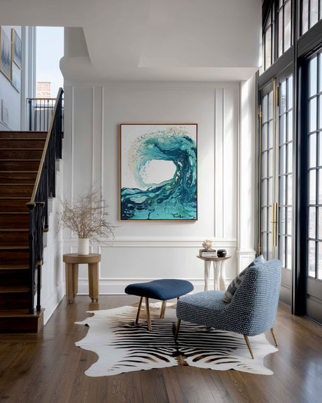'Sandbanks Wave' - Coastal canvas wall art in luminous turquoise, teal and sandy cream — expressive blue wave sea print and ocean artwork for coastal decor and bedroom walls, by Crafty Cow Design.