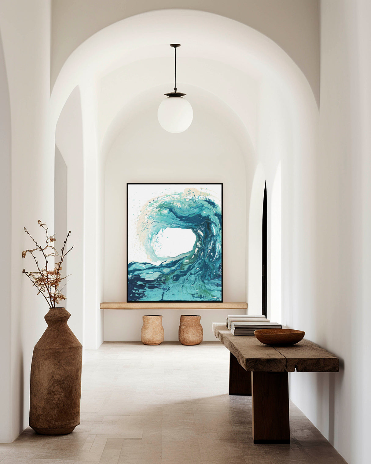 'Sandbanks Wave' - A stunning wave art canvas print in fluid acrylic — ocean artwork in swirling turquoise and deep navy, beautiful coastal canvas wall art with real energy and movement, by Crafty Cow Design.