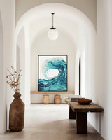 'Sandbanks Wave' - A stunning wave art canvas print in fluid acrylic — ocean artwork in swirling turquoise and deep navy, beautiful coastal canvas wall art with real energy and movement, by Crafty Cow Design.