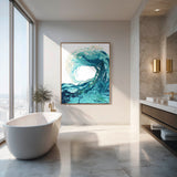 'Sandbanks Wave' - Ocean artwork on canvas in luminous teal and turquoise with deep navy and sandy cream — coastal canvas wall art and wave print for coastal decor bedroom ideas, by Crafty Cow Design.