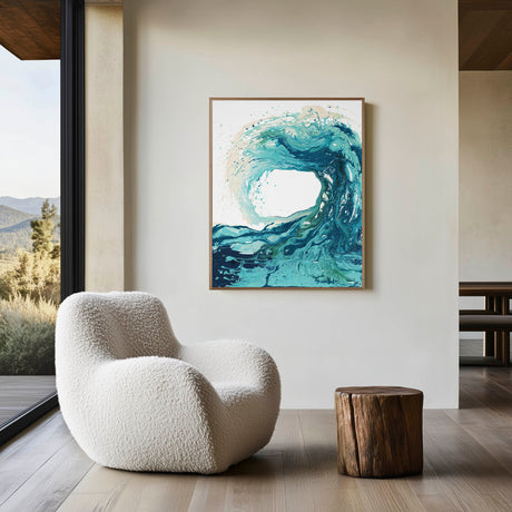 'Sandbanks Wave' - Abstract ocean art in swirling fluid acrylic, capturing the ferocity and beauty of the sea in turquoise, teal and deep navy — wave wall art for coastal interiors, by Crafty Cow Design.