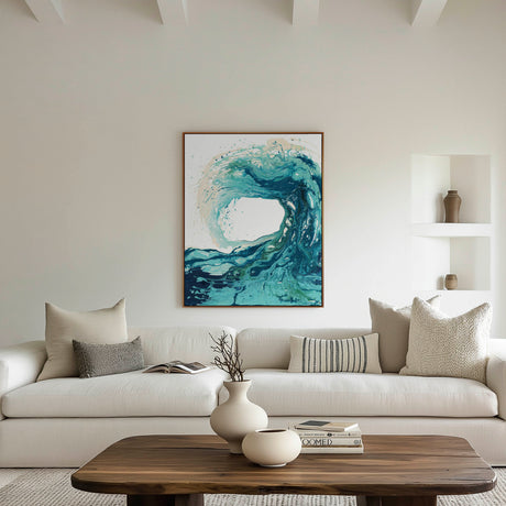 'Sandbanks Wave' - A dynamic ocean artwork canvas print in fluid acrylic — wave art in swirling turquoise, teal and sandy cream for beautiful coastal canvas wall art and bedroom decor, by Crafty Cow Design.