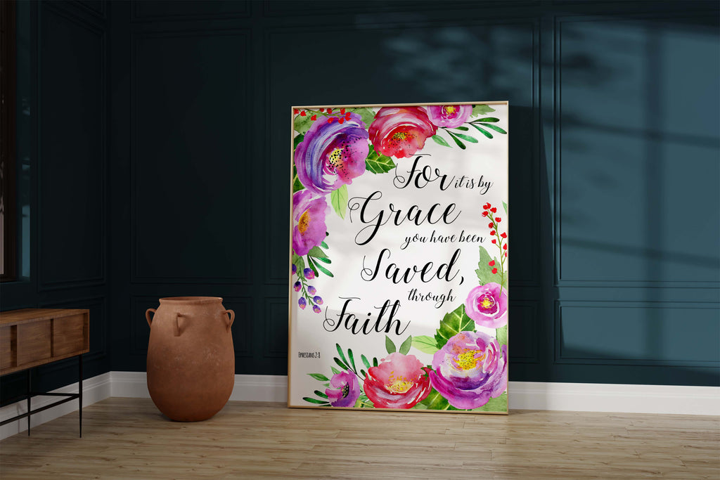 Grace you have been saved verse in pink, Faith-inspired floral Bible print, Elegant pink grace and faith wall decor