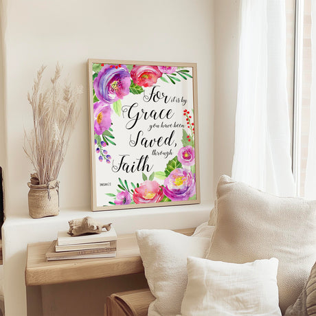 Pink floral Christian wall art print with the Bible verse Ephesians 2:8 about being saved by grace.